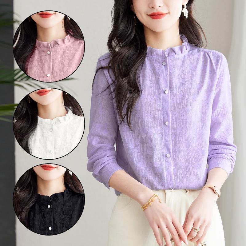 Spring 2025 Ruffled Stand Collar Jacquard Women's Long Sleeve Top