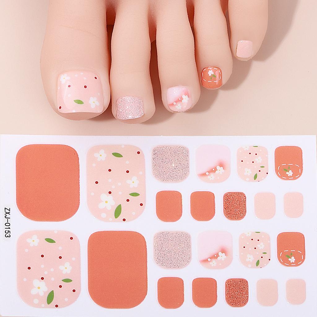22Tips Baking Free Toe Nail Sticker Spring Glitter Flowers Full Cover Toenail Polish Strips Adhesive DIY Foot Decals