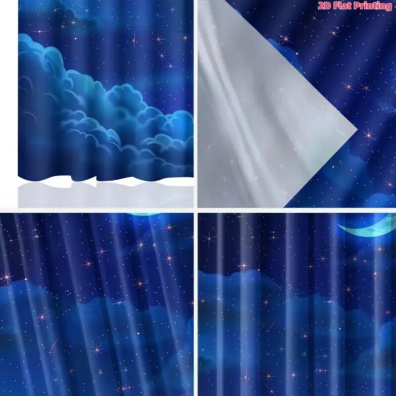 Stars Moon Print Curtains Suitable Bedroom Living Room Kitchen Decoration Home Window Curtain Set Of 2 Made Polyester Washable Area Ready