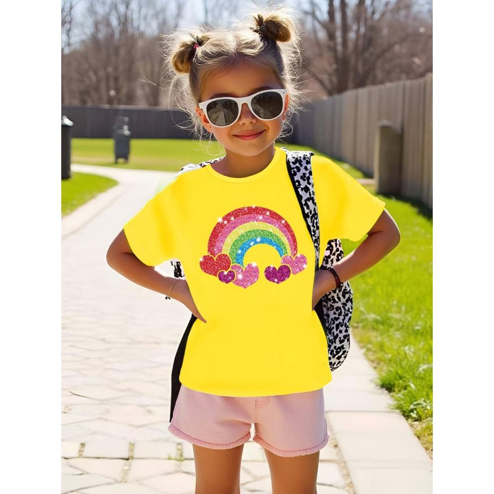 Children Cute T-Shirt for Girls Music Rainbow Print T-Shirt Girl Fashion Crew Neck Short Sleeve Top Clothing Gift Children Tops