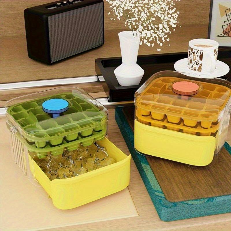Compact Double Layer Ice Cube Tray with Lid and Bin, One-Click Demolding, Pull-Out Ice Drawer with Portable Handle with Shovel
