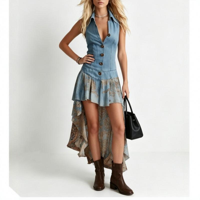 Women Denim Print Patchwork Dress Sleeveless Button Up Front Tie Waist High Low Hem Summer Dress