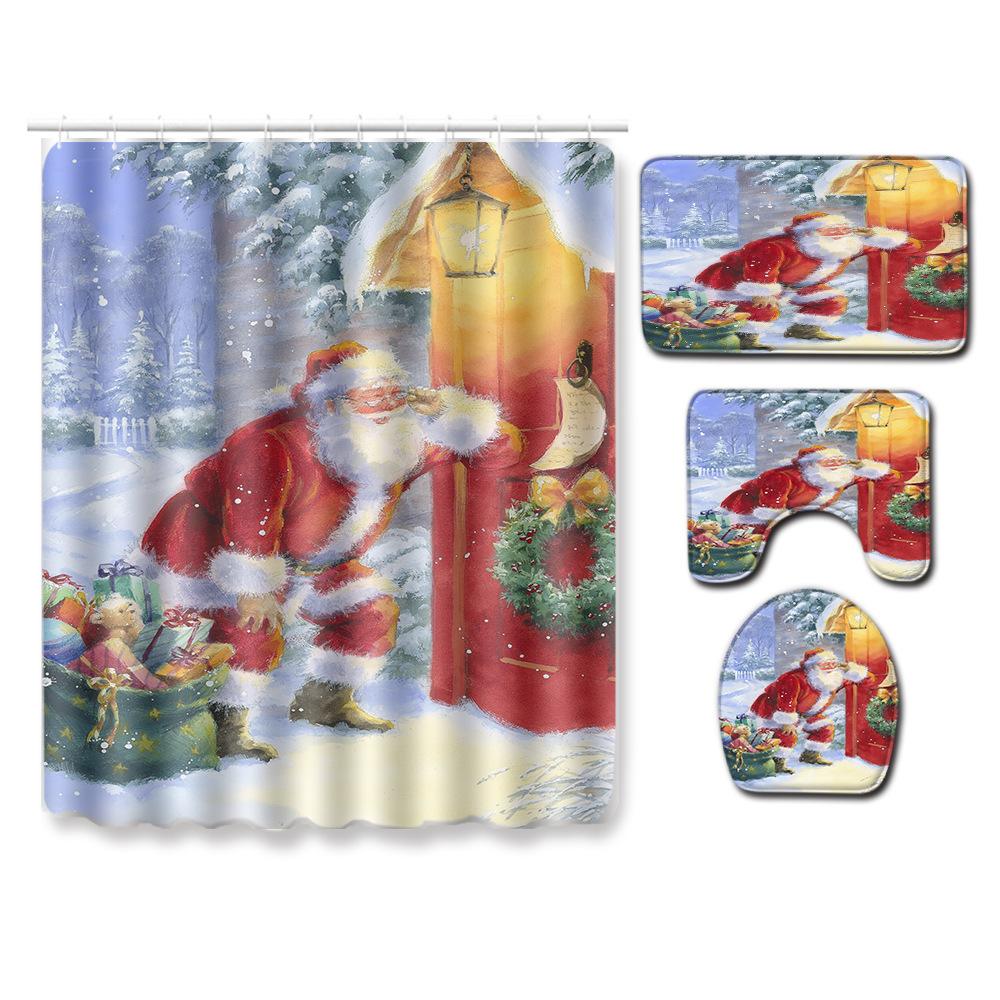 Christmas Shower Curtain Floor Mat Combination Four-Piece Set Bathroom Toilet Carpet Shower Room Mat Foot Mat