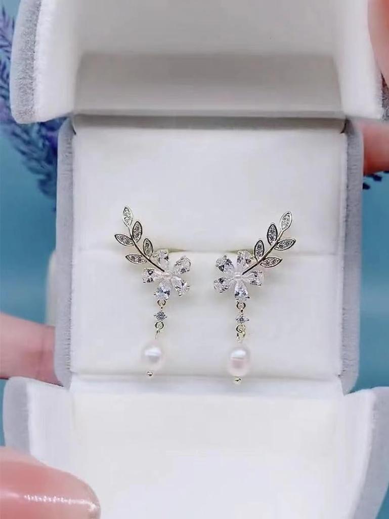 VICAKER Simple Pearl Wreath Zirconia Earrings for 18k Gold Earrings for Earrings Design, Sparkling, Fashionable, Branch-shaped Women, Popular,
