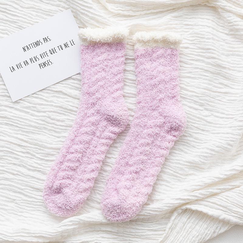 Women's Coral Fleece Mid-Calf Wool Socks for Autumn & Winter - Cozy Cable Knit, Home and Sleep Socks