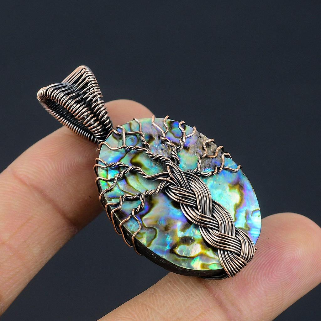 Abalone Shell 999 Copper Wire Wrapped Pendant, Handmade Gemstone Pendant Jewelry, Gifts For Wife Brand New Pendant