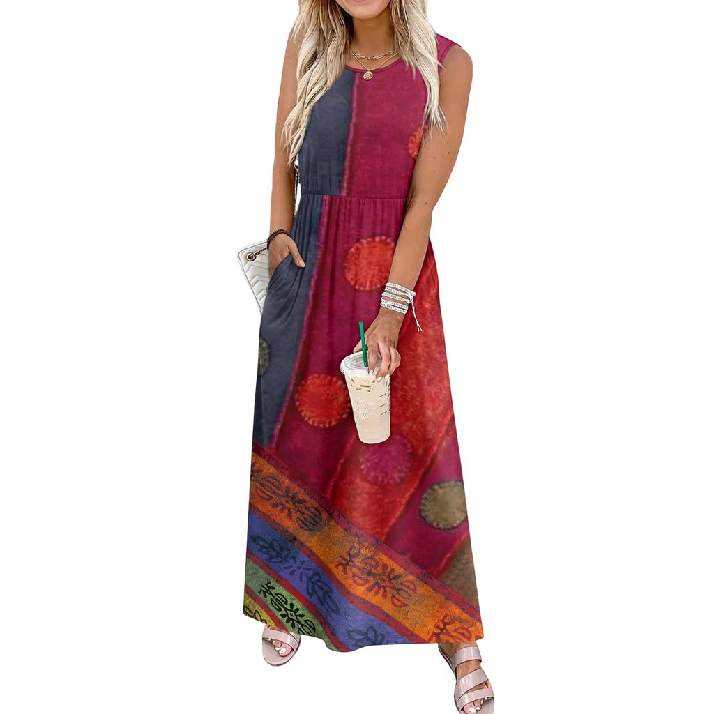 Ladies' Floral Print Casual And Fashionable Waist Cinched Sleeveless Dress