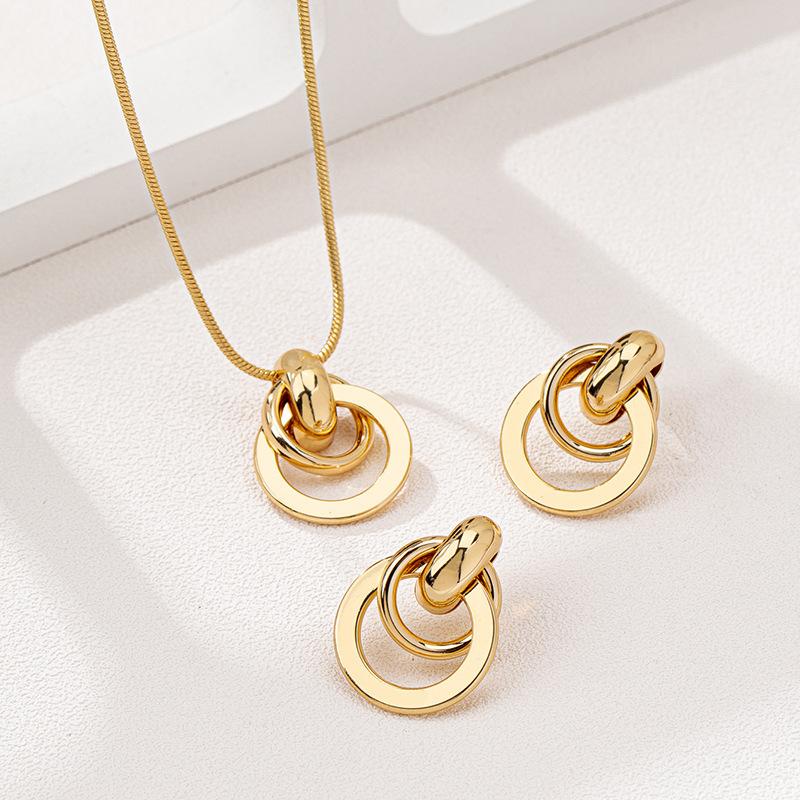 1 Set European and American Fashion All-Match Metal Geometry Circle Women's Necklace Earrings Jewelry Suit Daily Wear