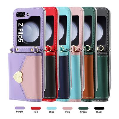 For Galaxy Z Flip 6 Case Dual Color Love Heart Crossbody Wallet Cards Slot Case For Samsung Galazy Z Flip 5 Flip 6 4 3 Cover