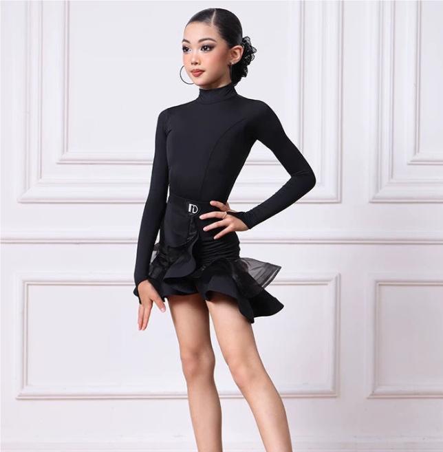 Dziecięcy strój do tańca latynoamerykańskiego dla dziewcząt, mundur z długim rękawem, siateczką i odkrytymi plecami, zestaw konkursowy, stroje do tańca towarzyskiego cha-cha