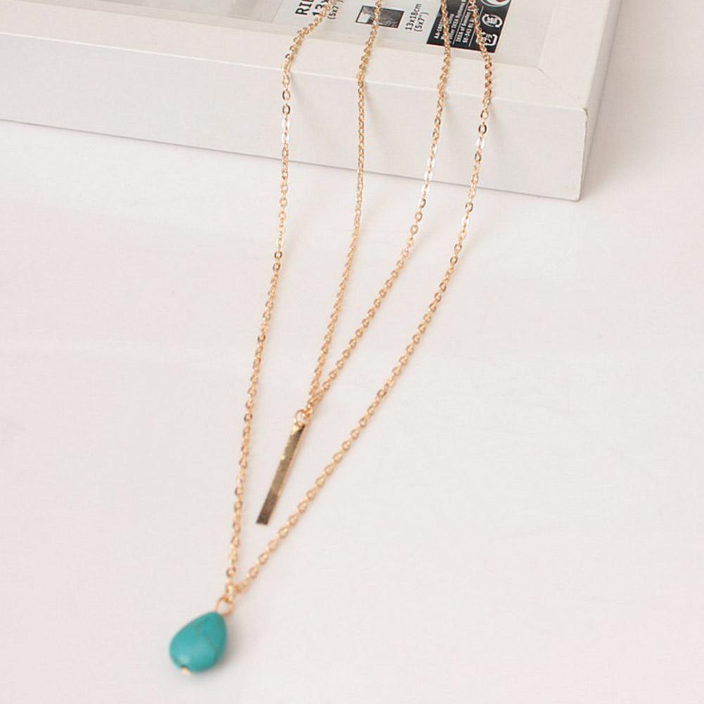 Women Double-layer Turquoise Necklace Water Drop Shaped Pendant Clavicle Chains Necklace