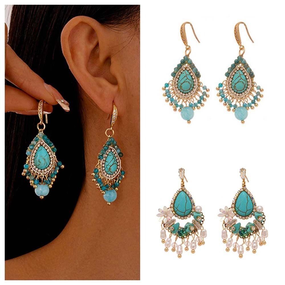 

Turquoise Bohemian Turquoise Earrings Pearl Flower Shape Earrings Pendant Beach StyleA