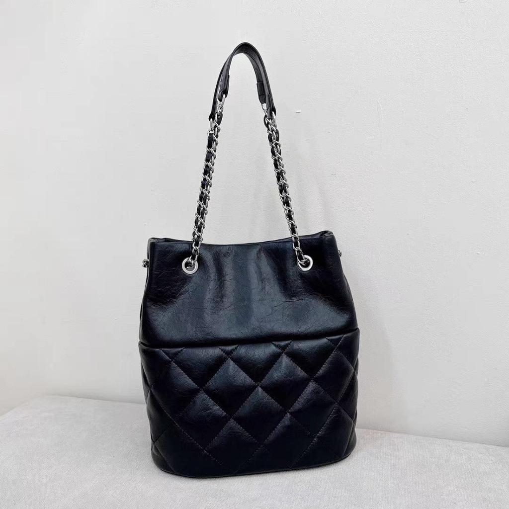 Genuine Leather Bag for Women Bucket Bag Diamond Lattice Chain Strap Bags Bucket