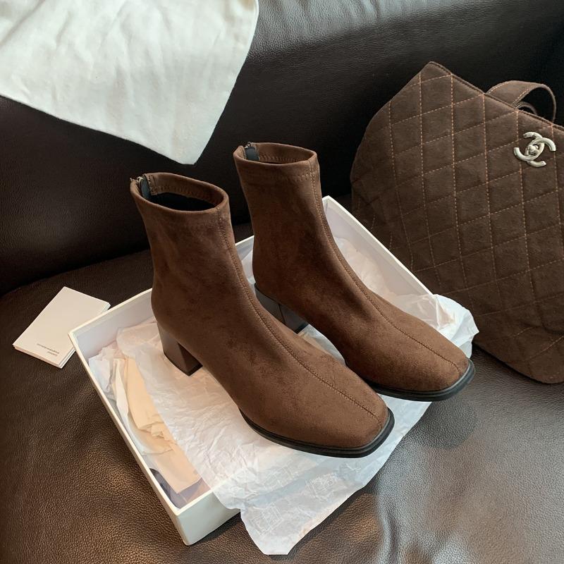 Classic temperament square head rear zipper ankle boots thick heel short boots women's high heel thin boots