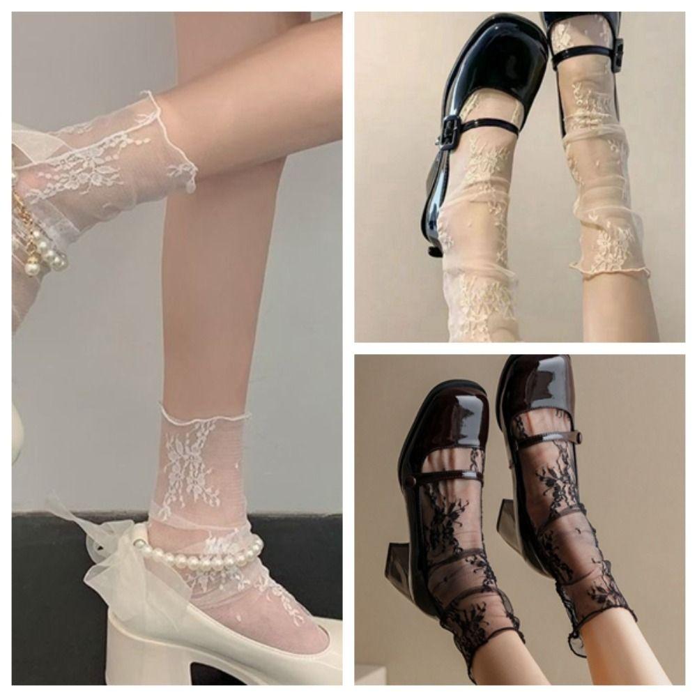Transparent Mesh Flower Lace Socks Chic Floral Tulle Thin Pile Up Socks Breathable   Female