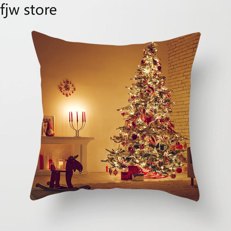 Christmas Decor Pillow Cover  Tree Gift Fireplace Print Throw   New Year Home  Sofa Cushion