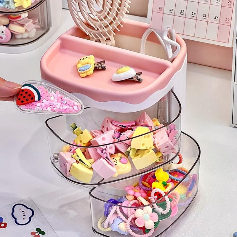 2 Layers Cute Children's Hair Accessories Storage Box Jewelry Organizer Plastic Transparent Hair Ring Display for Dressing Table