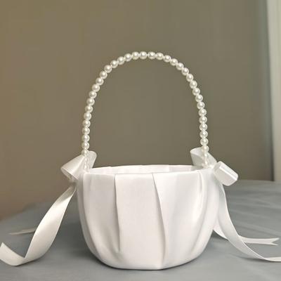 20 Cm White Flower Girls Basket Silk Hand Held Wedding Basket Wedding Ceremony Pearl Bow Party Decorations