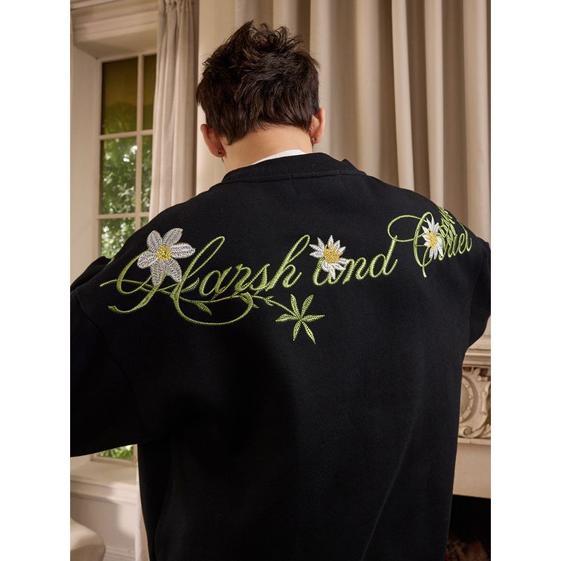 HACR Necklace Harshandcruel American Street Handwritten Flower Necklace Couple Sense Crew Neck Pullover Sweatshirt