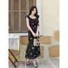 Black French floral retro dress women's summer new butterfly print small flying sleeve sleeveless temperament long dress