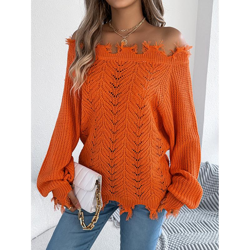 Podzimní Zimní Svetry Dámské Jednobarevné Prolamované Dlouhý Rukáv Roztrhané S odhalenými Rameny Pulovr Svetr