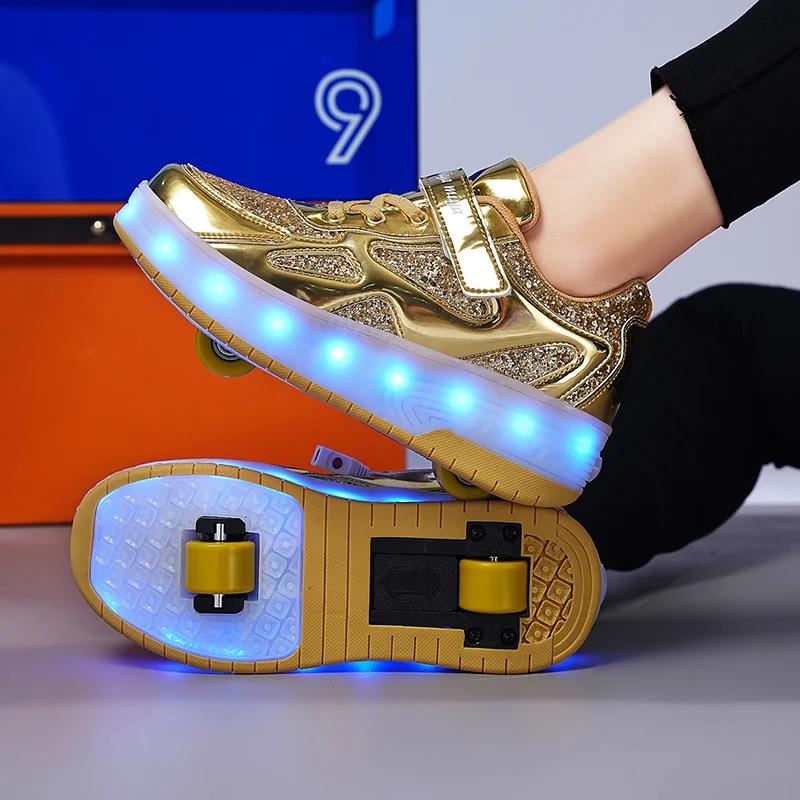 Women 2-wheel Roller Skate Shoes Trend Girls' Shoes With LED Retractable Child Dual-Purpose Casual Sneakers With Wheels