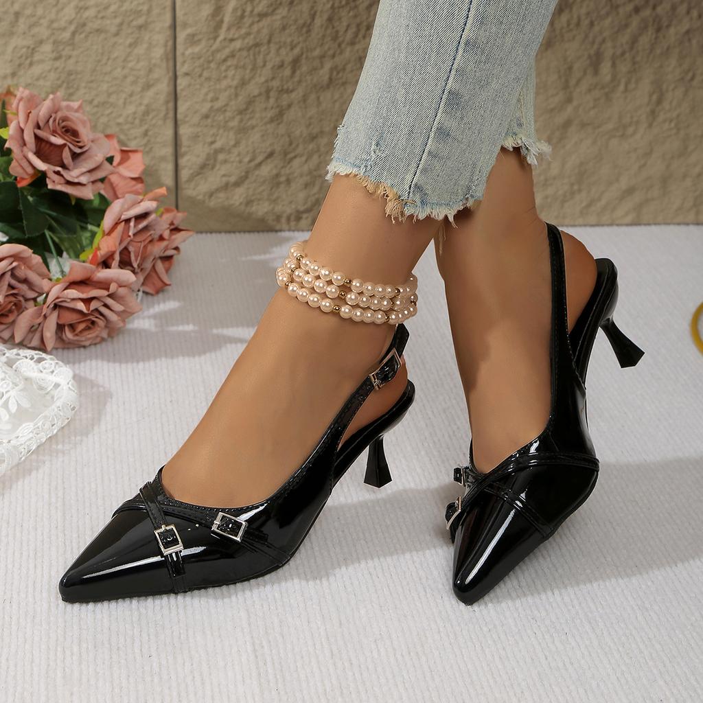 Damensandalen Spitze Flacher Ausschnitt Sandalen Neue High-Heel Schuhe Sommer Elegant Schnalle Verziert Stiletto Schwarz Damenschuhe