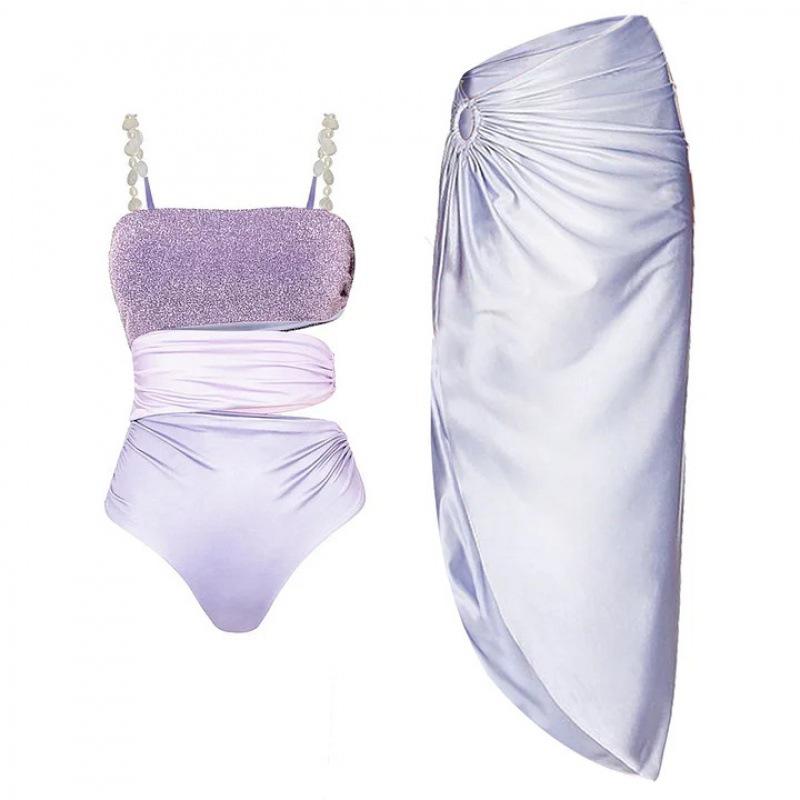 2024 European & American Glitter High-End Swimsuit with Hollow-Out Design & Skirt Set for Beach Vacations