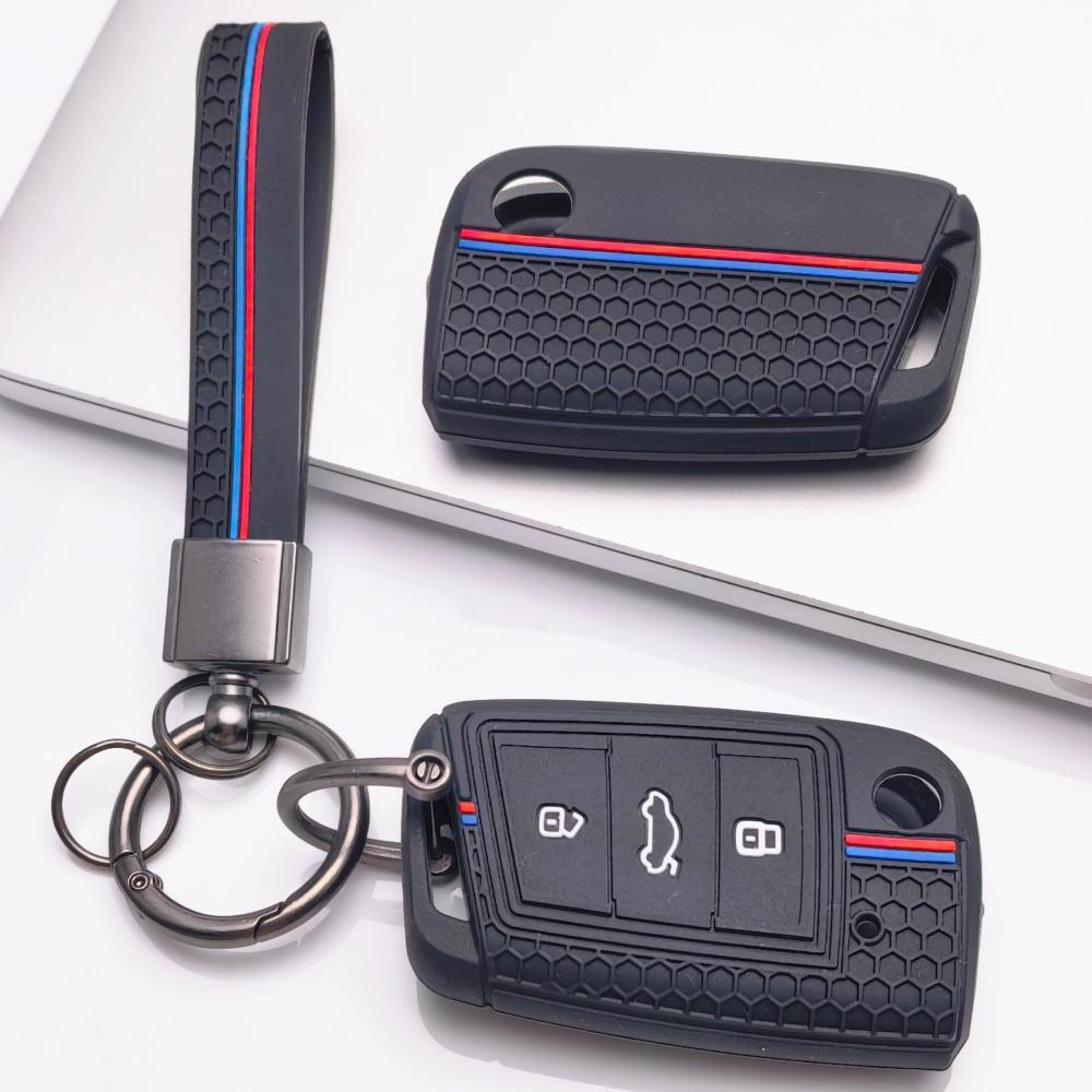 Silicone Car Key Fob Cover with Keychain Fit for Volkswagen VW Golf 7 MK7 Tiguan MK2 Touran L for Skoda, Fits Volkswagen Golf Tiguan Octavia A7