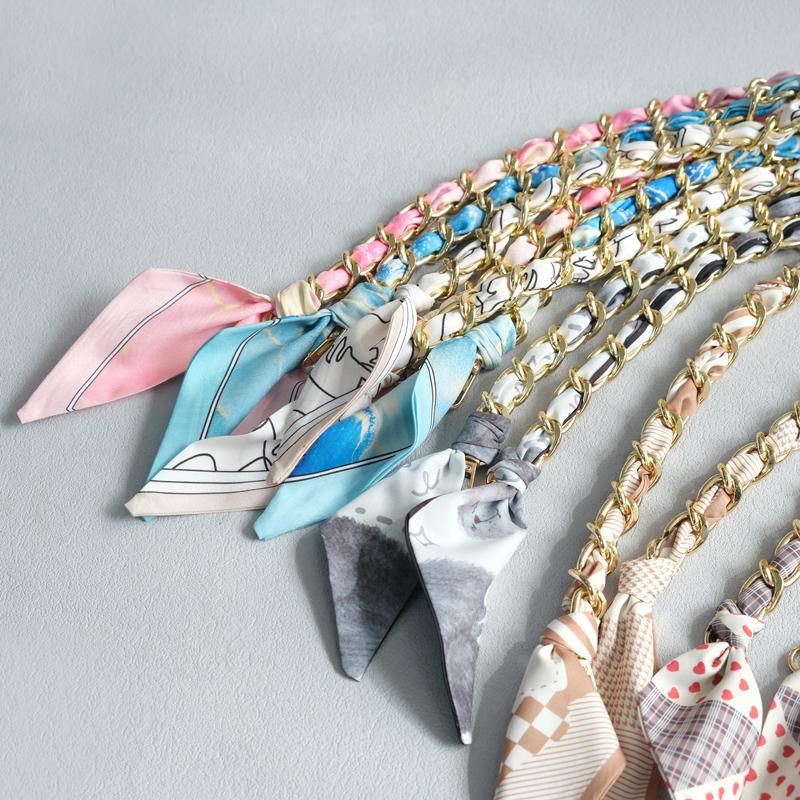 New Fashion Brand Woman Handbag Accessory Chains Detachable Floral Print Gold Silver Metal Silk Shoulder Strap Women DIY Chain Bag Handles