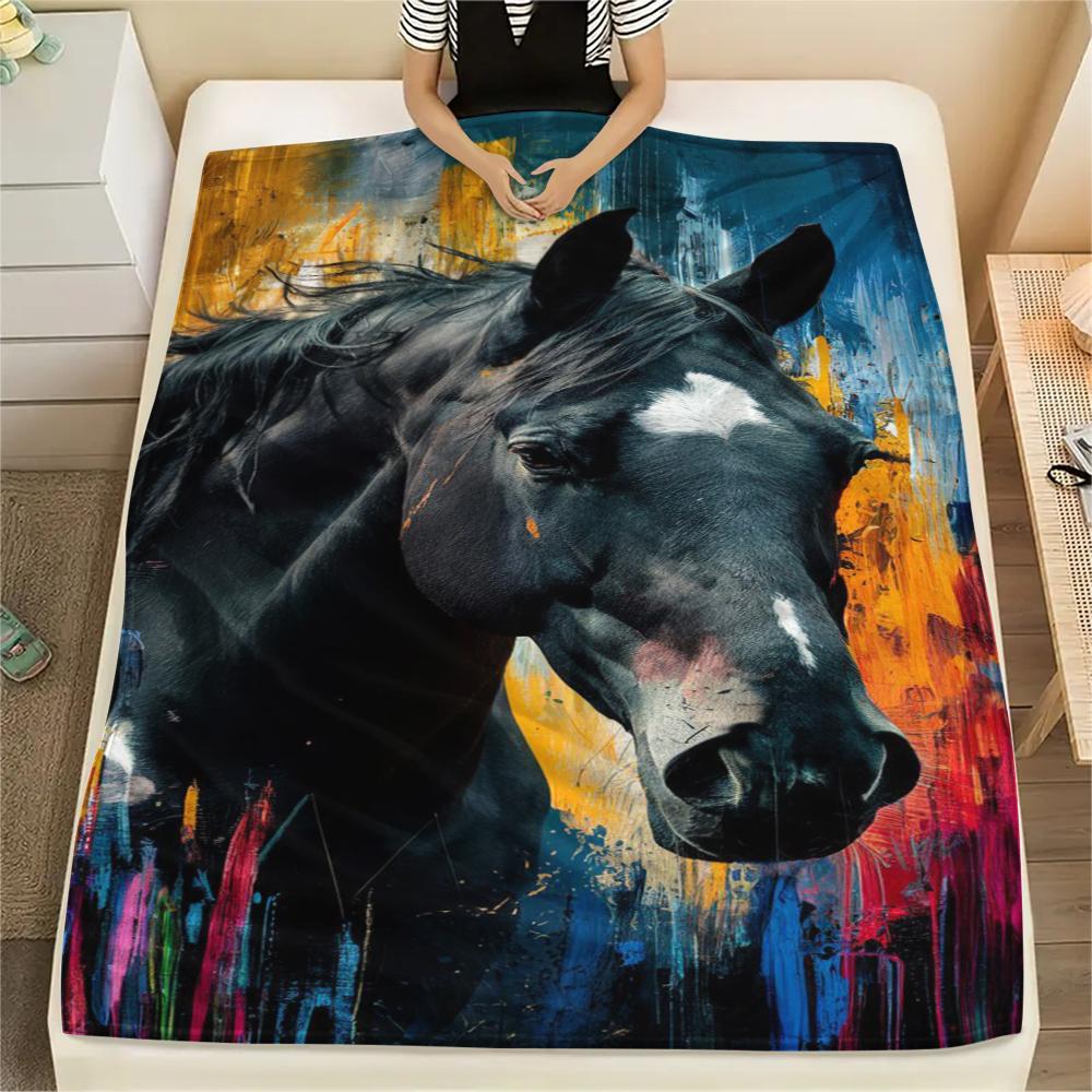 1Pc Black Horse Print Flannel Blanket, High Quality Comfortable for All Seasons, Home Decor, Warmth and Comfort, Perfect for Gifts