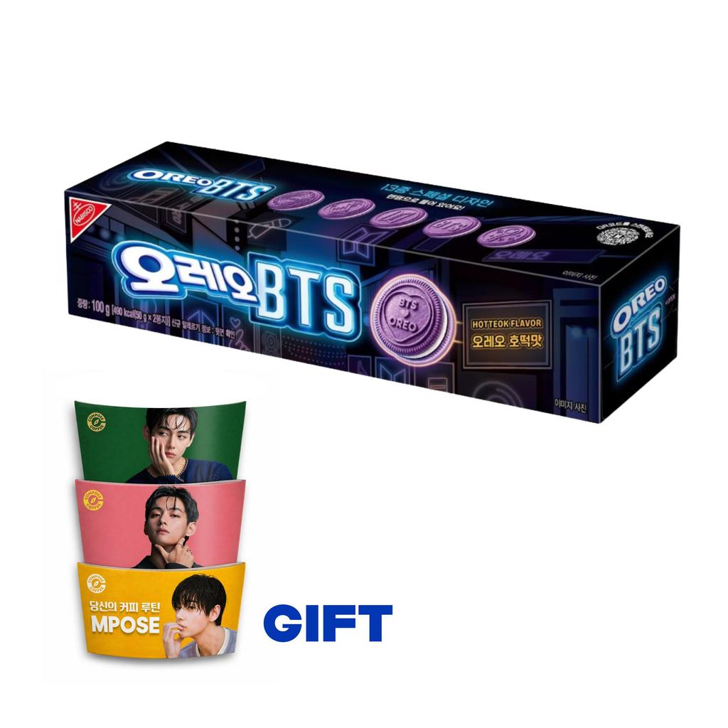 Hotteok Edição Limitada BTS x Oreo (Panqueca Doce Coreana) Conjunto de Presente com 3 Tipos de Manga para Copo Flavor Cookie + BTS V