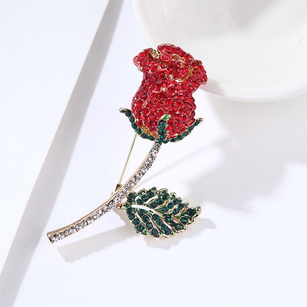 Red Rose Flower Leaves Crystal Backpack Decoration Korean Enamel Pin Women Rose Brooches Badges Pin