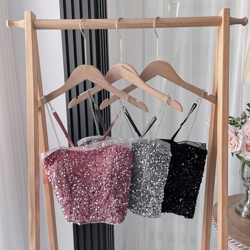 Sexy kovové retiazkové tielko Jednofarebné flitrované halterové crop topy Dámske letné tielka Bezchrbtové tielko Módne ležérne rúrkové Dámska bez rukávov skrátená vesta Y2K