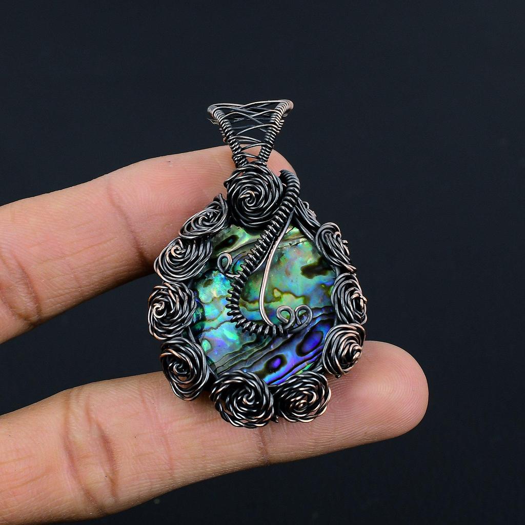 Abalone Shell 999 Copper Wire Wrapped Pendant, Handmade Gemstone Pendant Jewelry, Gifts For Wife Brand New Pendant