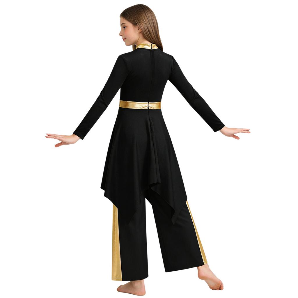Kids Girls Church Dance Performance Set: Mock Neck Long Sleeve Metallic Patchwork Dress with Asymmetrical Hem & Matching Wide-Leg Pants