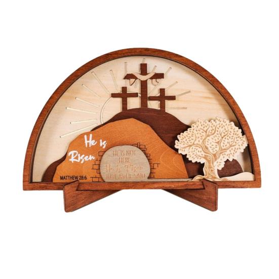 Empty Tomb Easter Scene Decoration Wooden Easter Resurrection Scene Jesus Tomb Tray Set Religious He Is Risen Decor for Tabletop Mantel Christian A