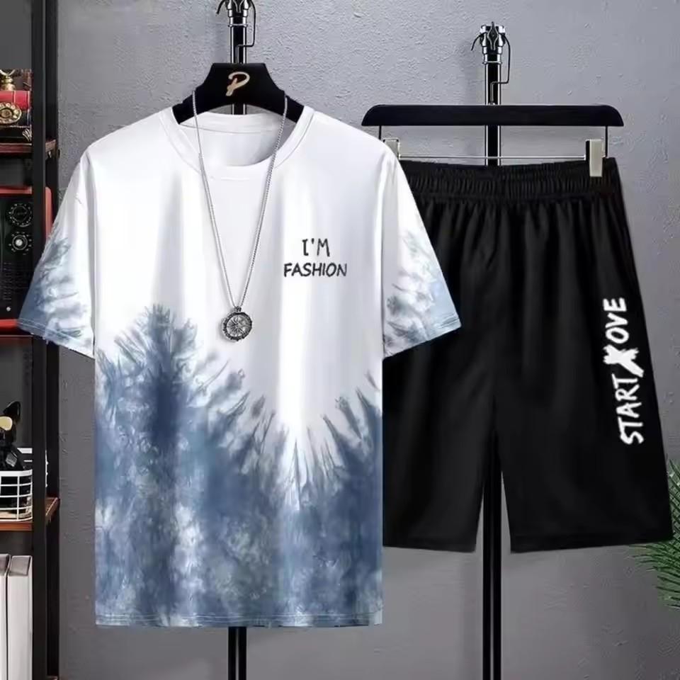 Men's New Summer Fashionable Breathable Round Neck Top Paired with Letter Pattern Drawstring Shorts Casual Sweat Wicking Set