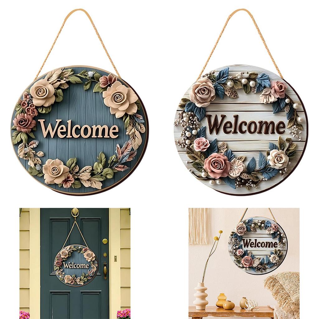 2Pcs Floral Welcome Signs Wood Plaque Outside Round Home Decor 20cm Fireplace Wooden Hanging Signs for Porch Garden Classroom