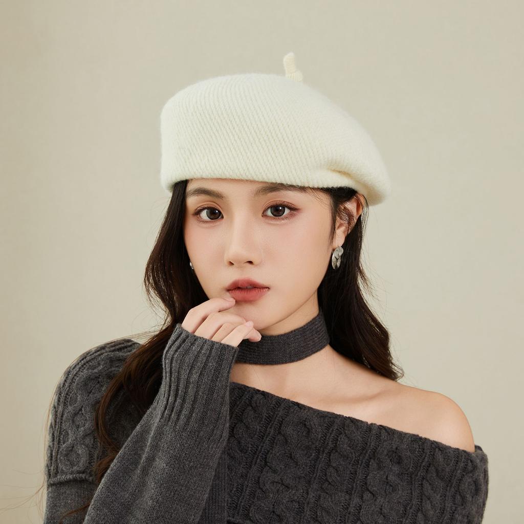 Female Solid Color Beret Casual Artistic Bud Hat Outdoor Autumn and Winter Warm Painter Hat