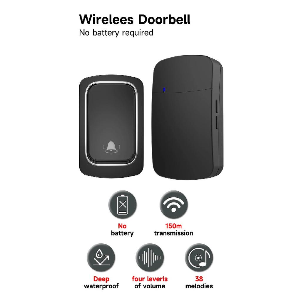 Wireless Doorbell No Battery required Waterproof Self-Powered Door bell Sets Home Outdoor Kinetic Ring Chime Doorbell