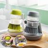 Kitchen Soap Dispenser Scrub Brush with Built-in Drip Tray, Palm-Sized Soft Bristles Dish Cleaning Tool for Sink Counter