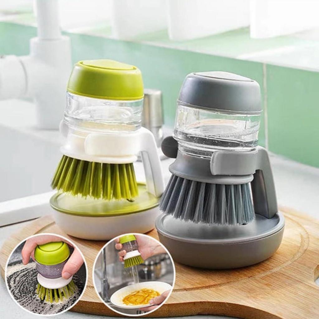 Kitchen Soap Dispenser Scrub Brush with Built-in Drip Tray, Palm-Sized Soft Bristles Dish Cleaning Tool for Sink Counter
