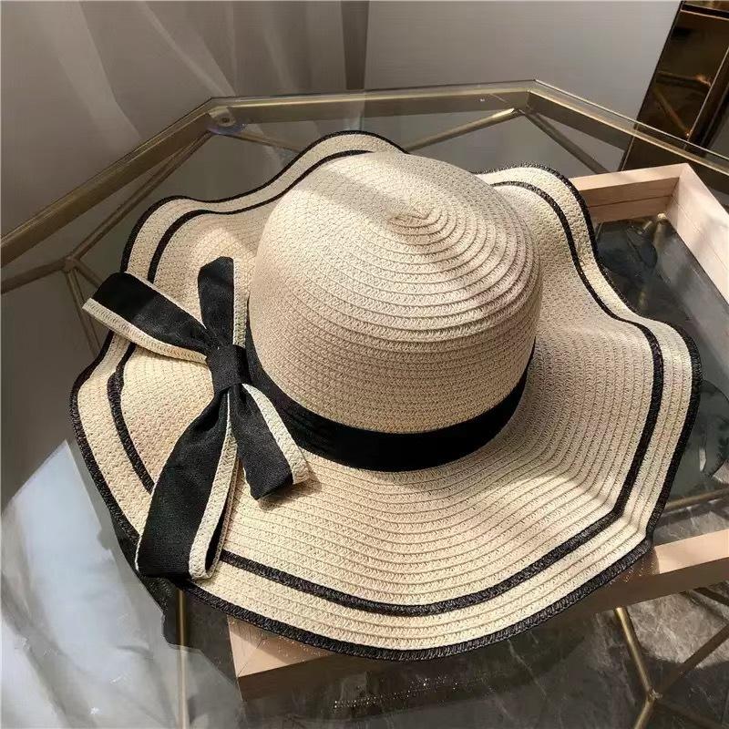 Flower Ribbon Sun Hat For Women's New Seaside Vacation Sweet Lace Sun Hat Summer Big Brim Straw Hat