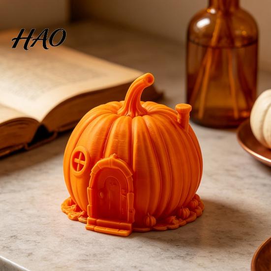 Halloween Pumpkin House Ornament 3D Printed for Halloween, Miniature Fairy Tale Cabin Decorative PLA Figure Desktop Decoration, Micro Landscape