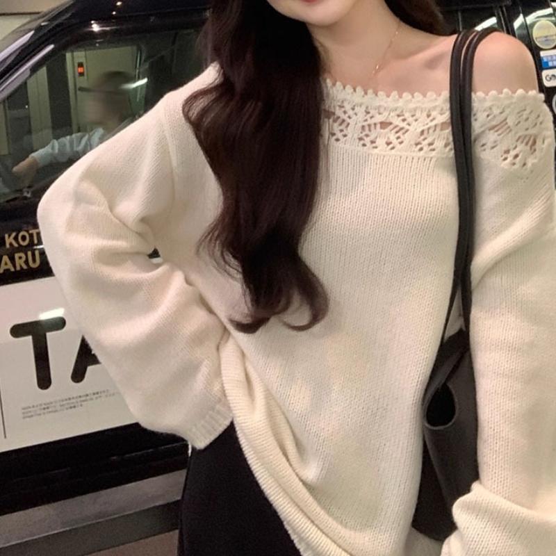 French Style Lace Trim Off Shoulder Knit Sweater Women Autumn Long Sleeve Loose Lazy Top