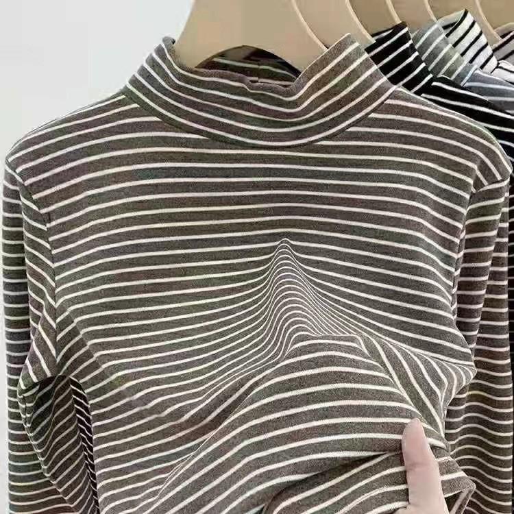 Women's Striped Velvet Mid-Neck Pullover - Autumn/Winter Warm Slim-Fit Long Sleeve Shirt
