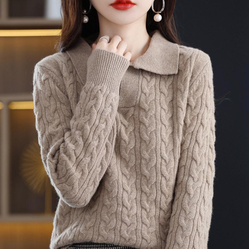 Autumn/Winter 2025 Retro Polo Collar Cashmere Sweater - High-End Knitted Cable Base Layer