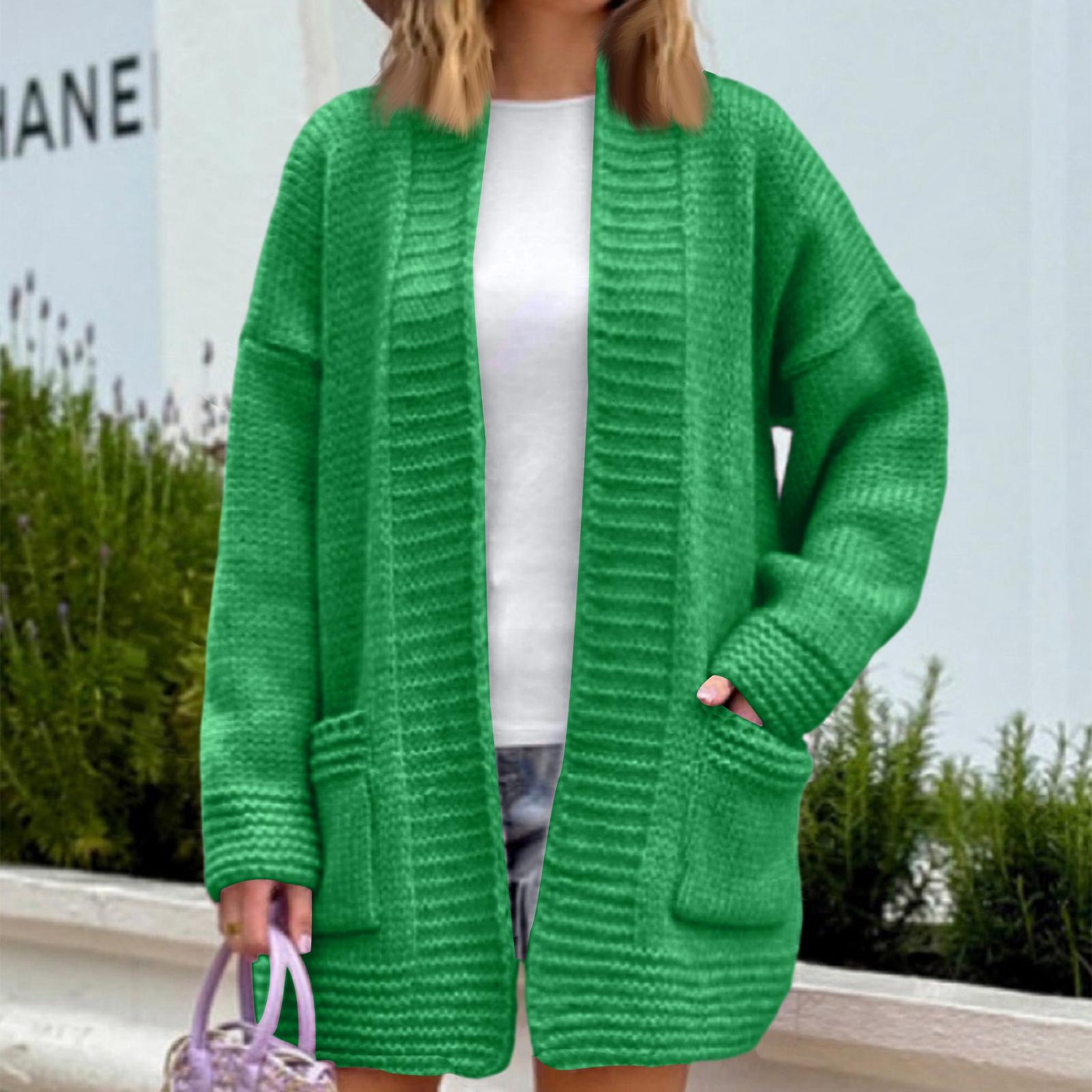 

Женский свободный вязаный кардиган-жакет, приталенный свитер с длинным рукавом S зелёный
