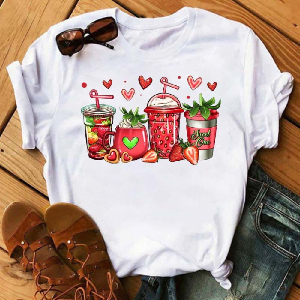Cartoon Coffee Women TShirt Water Bottle with Juice Loose Tee Red Cherries Graphic Daily Streetwear Fashion Soft Top T Shirt